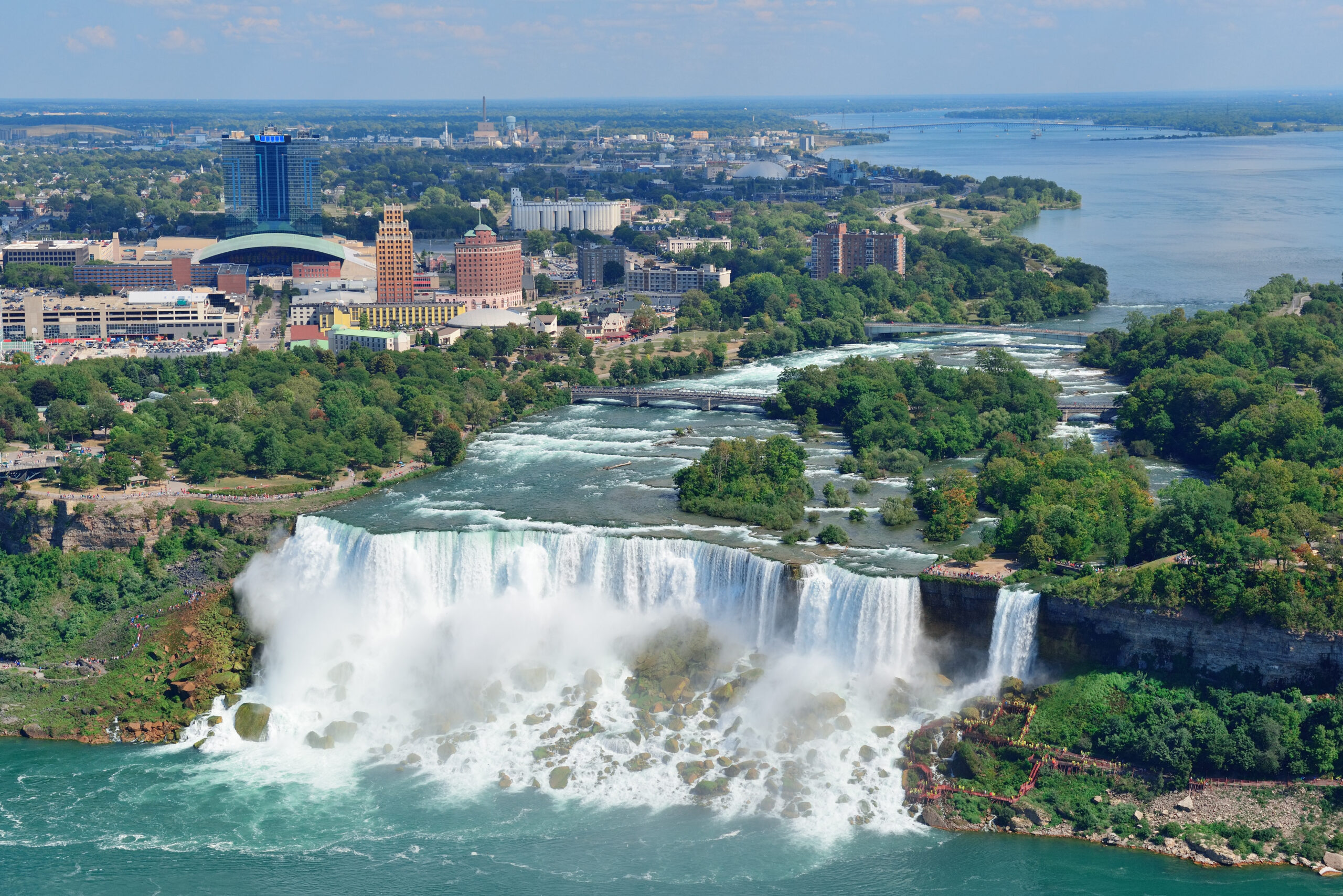 Niagara Falls closeup in the day over river with buildings